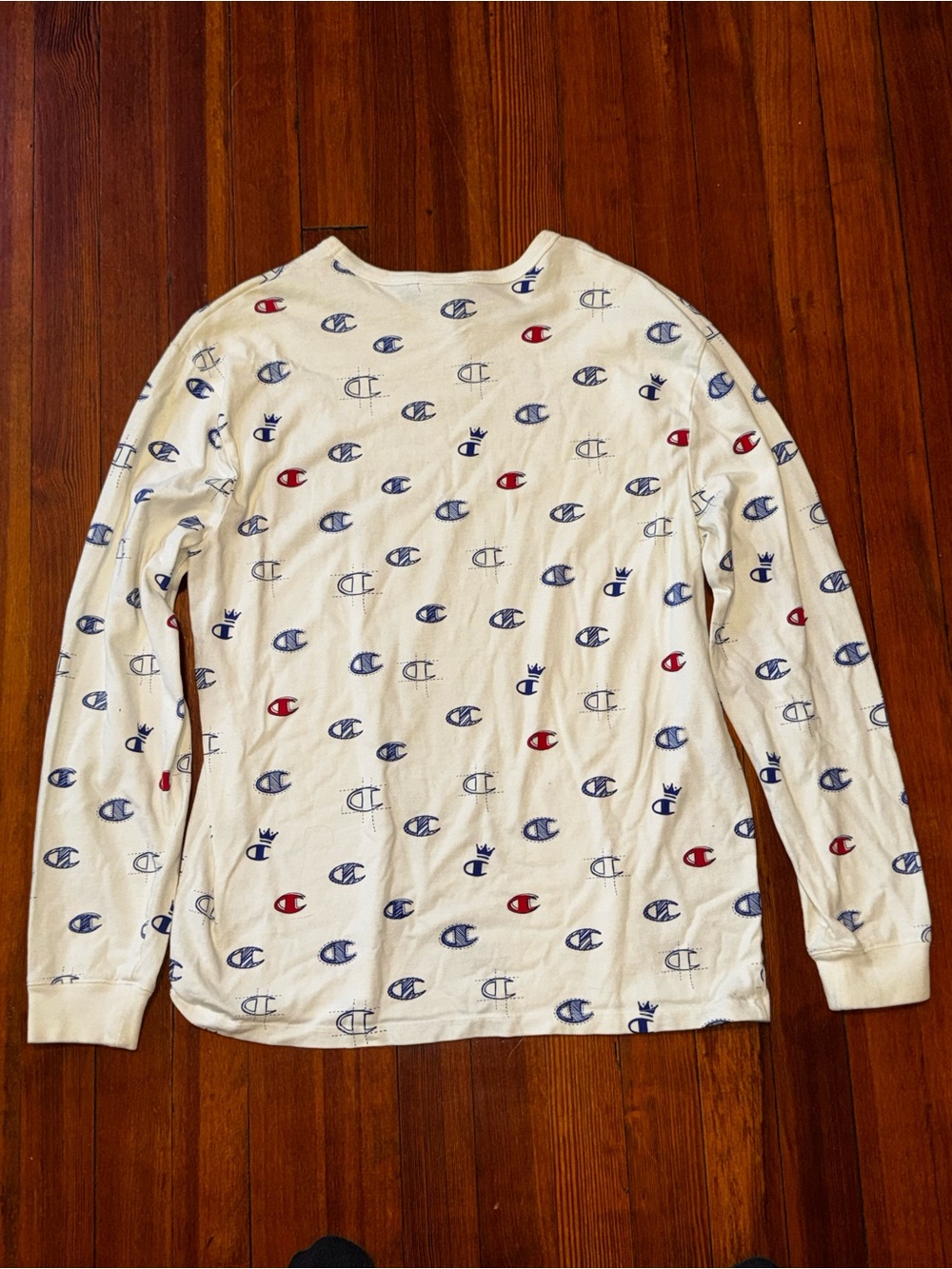 Champion White Long Sleeve Crew with Red & Blue Logo Print